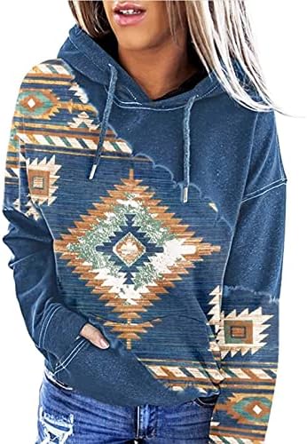 Мелифло жени западни ацтеки худи мода со долг ракав геометриски принт еттнички облека со качулки за џемпери пуловер