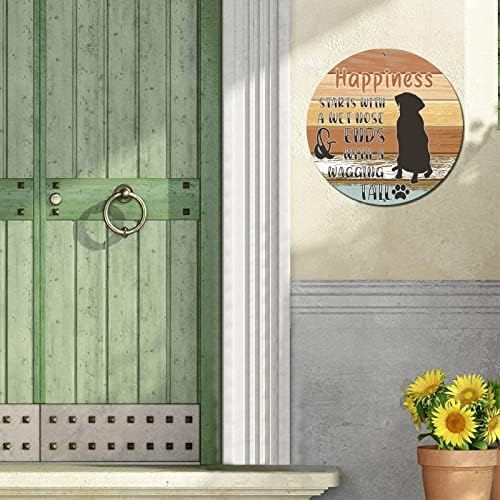 Смешна тркалезна миленичиња кучиња метални знаци Плакета среќата започнува со влажен нос гроздобер венец знак кучиња врата врата