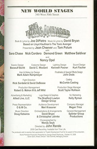 Toxic Avenger, Off-Broadway Playbill + Метју Салдивар, Сара Чејс, Ник Кордоро, Демонд Грин, Ненси Опел