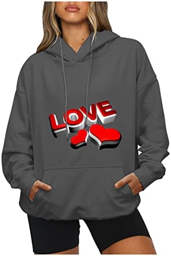 Oplxuo Жените Преголеми Дуксери Сакаат Дуксер Со Срцев Принт Секојдневни Кошули Со Долги Ракави Пуловер На Денот На Вљубените Со Џеб