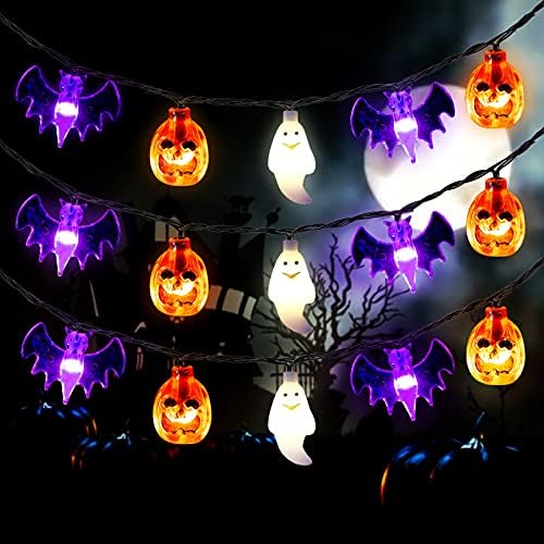 Mosoan Halloween String Lights Батерија оперирана од 20 стапки 30 LED 3D 3D тикви лилјаци Духови светла со тајмер - 8 светлосни режими Ноќта на вештерките Декорации Светла за внатрешни