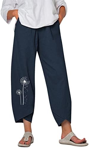 Обични панталони со капри за жени со високи половини од памучна постелнина панталони цветни печати широки нозе спортски хареми панталони со
