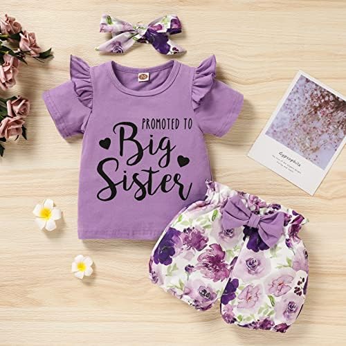 Детска бебе девојка сестра цветна облека промовирана на голема сестра кошула со краток ракав+цветни шорцеви од лак+лента за глава 3 парчиња