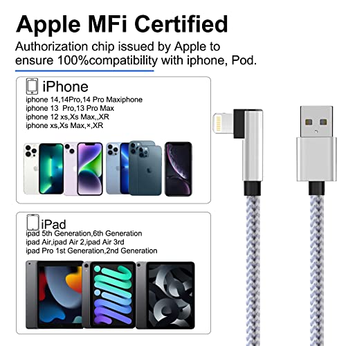 Кабел за полнач за полнач со 90 степени со 90 степени 16FT/5M, Apple MFI Сертифициран кабел за молња од десен агол 16FT, најловен