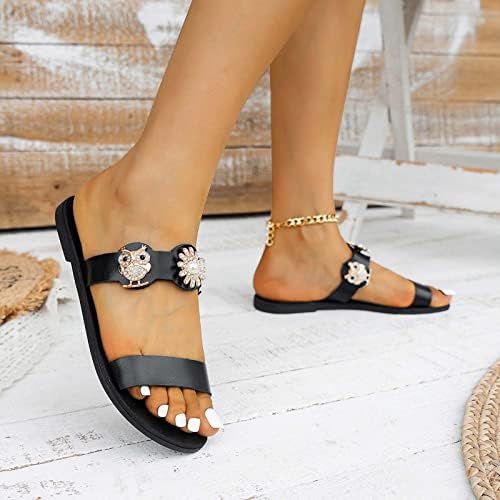 Xipcokm Rhinestone влечки за жени мода со двојна лента рамен флип апостолки дами летни плажа слајдови сандали за одмор чевли