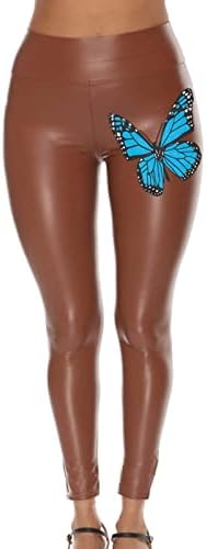 Женски затегнати кожни плочки за кожни панталони, секси пеперутка печати високи хулахопки од половината плус големина сјајни панталони