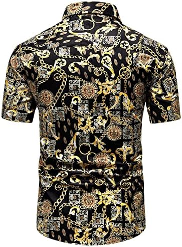 Менс црн златен ланец кошули луксузни барокни печати случајно копче за краток ракав надолу во Бухона свиленкаста кошула