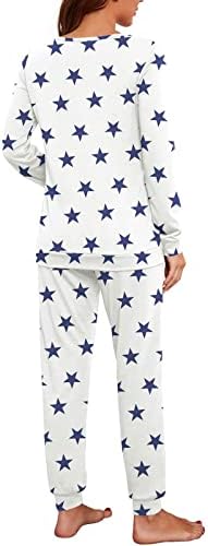 Nightенска облека за спиење ноќна облека мека салон со џебови отпечатени лабави долги ракави за спиење за спиење Flannel PJS сет