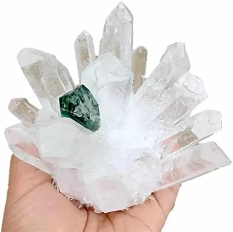 Yalych 600g-780g бел кристален кварц камен кластер Зелена точка 1 парчиња дома декоративни камења