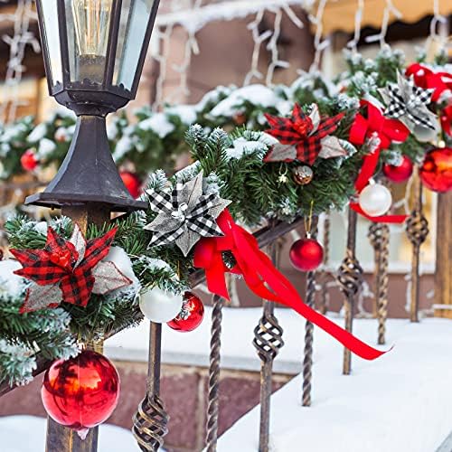 12 Парчиња Божиќни Биволи Карирани Поинсетии 6,7 Инчи Вештачки Украси За Новогодишна Елка Го Проверуваа Божиќниот Цвет со Ѕвона За Рустикален