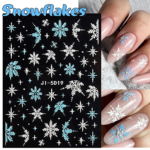 5 чаршави Божиќни налепници за уметност за нокти, зимски снегулки за нокти, 5Д стереоскопски врежани нокти дизајн, Божиќно дрво од дрва мечка
