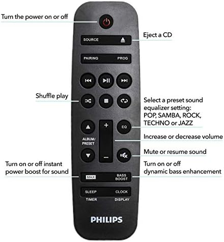 Philips FX10 Bluetooth стерео систем за дома со CD плеер, MP3, USB, FM радио, звучник за бас рефлекс, вклучен 230 W, далечински управувач