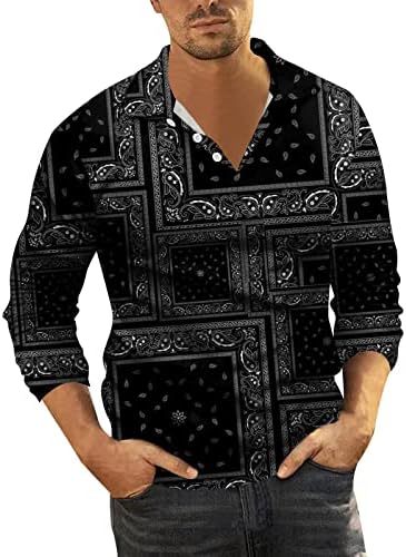 Zddo Поло кошули за мажи, есен со долг ракав Ацтек Бохо Печати 3Д дигитален графички предна плоча копче гроздобер случајна кошула