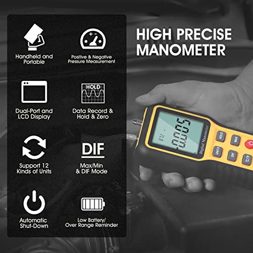 Тестер за притисок на гас на манометар Lycebell, дигитален манометар мерач на притисок со двојна порта со задно осветлување и функција за