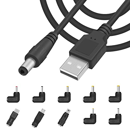 Duttek USB до DC 5.5x2.1mm кабел за напојување 5ft/1,5m, USB до DC кабел за напојување, DC до DC полнач кабел со 10 адаптер за конектори со десен