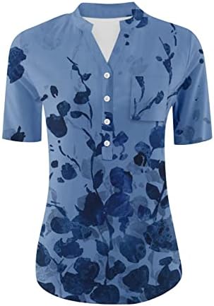 Летни врвови за жени 2023 Копче за кратки ракави надолу кошули со цвеќиња Елегантни блузи со џебови на градите маица Туники