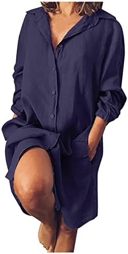 Женски кардигански фустани мода цврст памучен постелнина лабава џеб со долг ракав копче лаптол кошули Туника блуза врвови