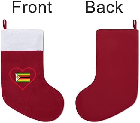 Јас многу го сакам Зимбабве црвено срце Божиќни порибни чорапи со кадифен камин што виси за Божиќно украси за дома