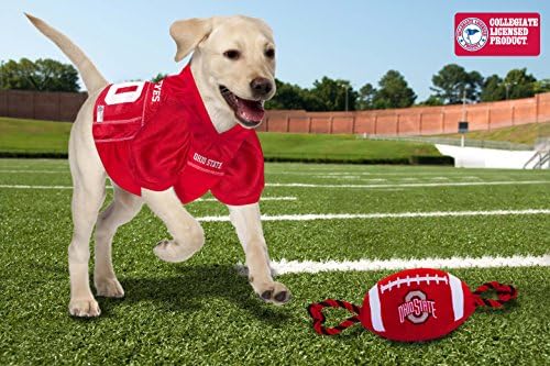 Миленичиња прва NCAA Охајо држава Бакис Фудбалска играчка за кучиња, најлонски материјали со тежок квалитет, силни влечни јажиња, внатрешен