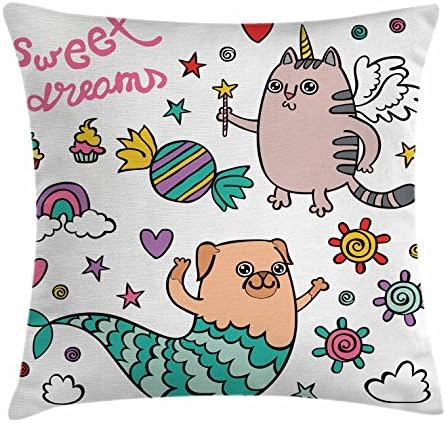 Ambesonne Unochern Cat Shapt Pillow Cossion Cover, Pug Sherimea и Unicorn Cat Посакувајќи соништа шарени и виножито, декоративен случај на перница за акцент на правоаголник, 26 x 16, разнобојно