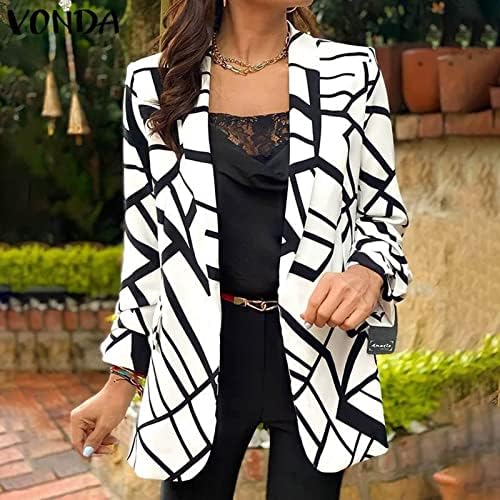 Жени отворени предни есенски блејзери, мода неправилно црно -бело блок во боја Блејзер јакна лапел Обичен канцелариски кардиган