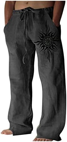 Менс летни памучни постелнини панталони Еластични половини за влечење лабави џебови Панталони Обични лесни класични панталони