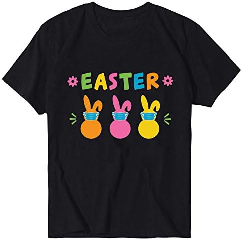 Happyенски среќен велигденски зајаче смешни кошули одмор летни блузи летни врвови кратки ракави екипаж маици за маици тунични мета