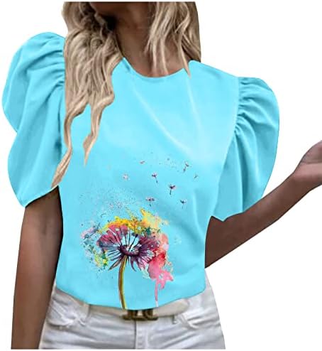Женски врвови на туники Плеат цветни кошули 2023 летни модни печати ракави на ракави од врата на вратната маица за домашна маица