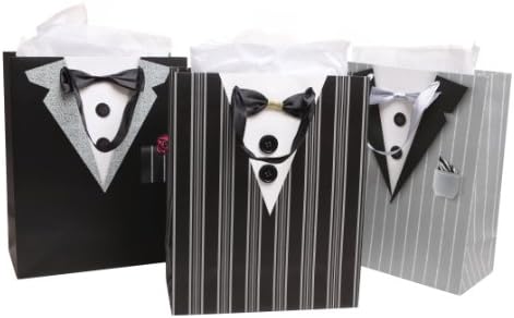 Мигифт Декоративни Торби За Подароци и Ткиво Со Смокинг Дизајн за Младоженци, Роденден, Годишнина, Сет од 3
