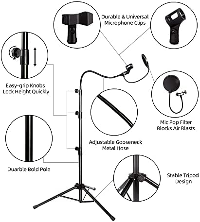 Микрофон штанд, микрофон статив висина до 6 стапки гушавост со тешка статива микрофон стои со држачи за микрофон за перформанси, пеење