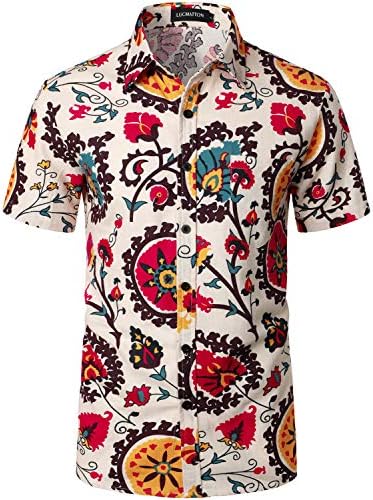 Машка памучна постелнина Лукматтон Традиционална шема Печати кратки ракави копче надолу во хавајски кошули