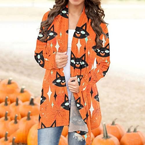 Ноќта на вештерките кардиган - жени плус големина гроздобер кардиган есенска облека туника со долг ракав печати отворен преден мантил врвови