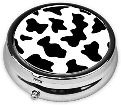 Црно -бела кутија за пилула за печатење со крави, унисекс мини преносна кутија за пилули за дома, канцеларија и патување