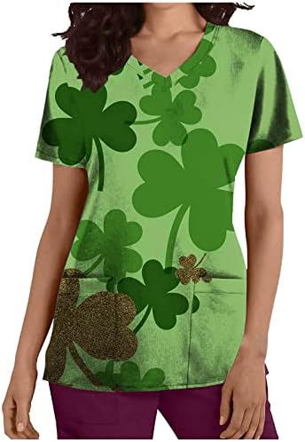 Денот на Lcepcy St. Day Womens Carture Green Print Workwear Uniform v-вратот за кратки ракави Туника блуза блуза