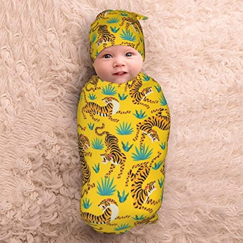 Тигар бебешки работи Swaddle Clabet Hat Set, меко и истегно новороденче кое прима ќебе за новороденче, завиткана вреќа за момче/девојка