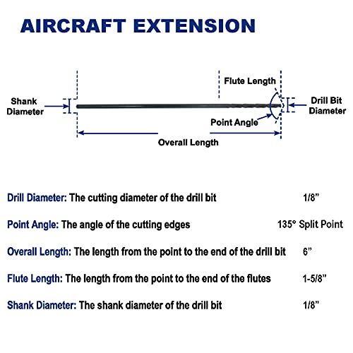 1/8-инчен x 6-инчен авион за проширување на авиони со црн оксид, премија М2 челик со голема брзина, дополнителна должина, за метал, пластика,