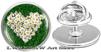 Daisy Heart Pin, Daisy Flower Brooch, Nature накит, ботанички брош, Daisy Photo Glass Dome Pin, M89