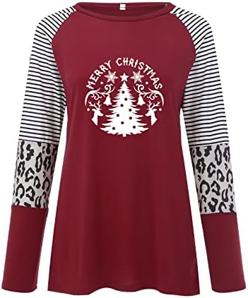 Женски Шарени Леопард Печатење Врвови Мода Долги Ракави Боја Блок Пуловер Туники Круг Вратот Обични Блузи Кошули