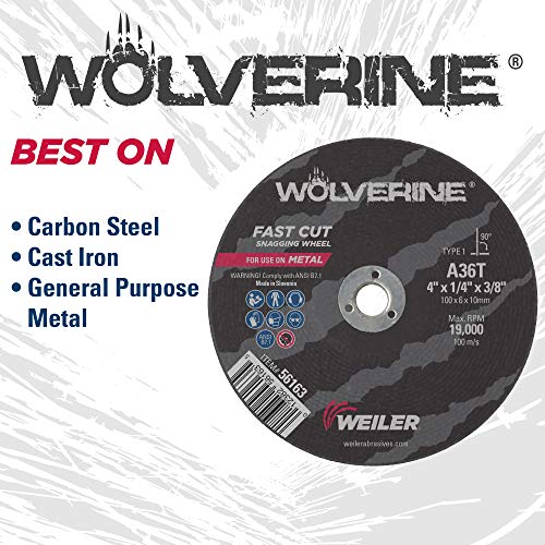 Weiler 56163 4 x 1/4 Wolverine Type 1 Snaging Wheel, A36t, 3/8 A.H.