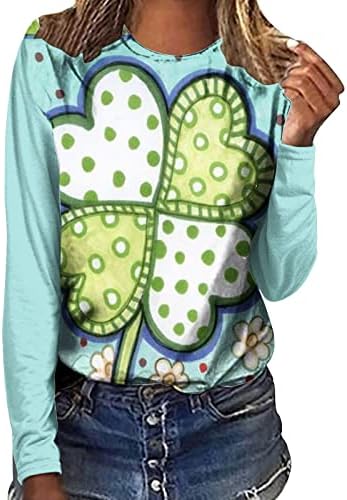 Врвна кошула за жени лето есен облека со долги ракави, памук екипаж, графички случај на Денот на Свети Патрик, Топ 7 -ти 7s