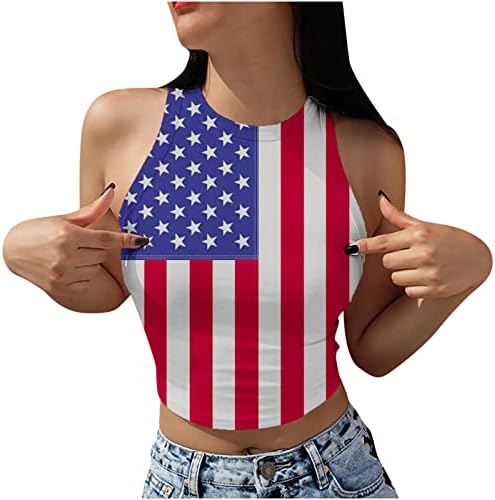 Врвови на жени на Американско знаме на 4 јули на 4-ти јули без ракави/кратки ракави за печатење во боја, приемни маица за обична независност