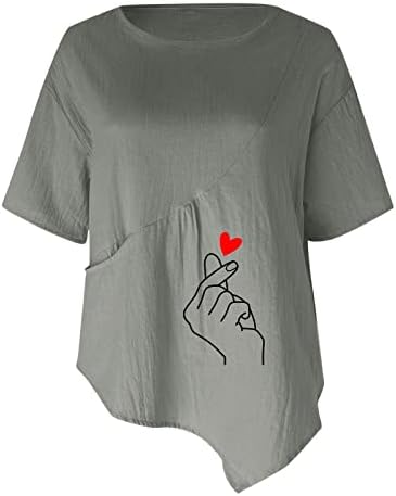 Памучна постелнина за жени летни кратки ракави џеб врвови трендовски печатење на екипажот лабав вклопени удобни блузи од туника