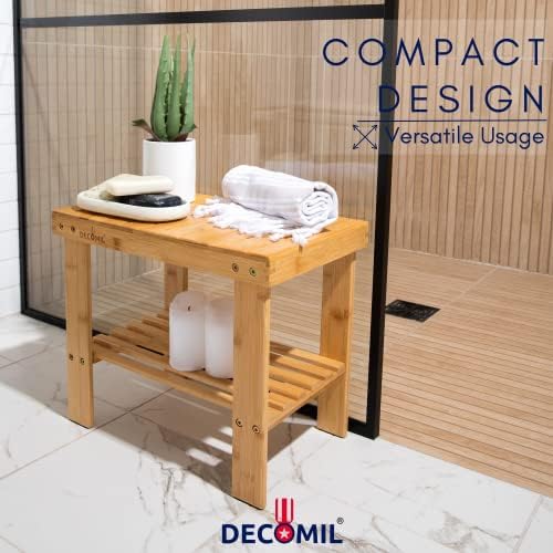 Декомил - клупа за туширање во бамбус 16 ”, столче за бричење на нозете со полица за складирање | Нозе на нозе и водоотпорна клупа