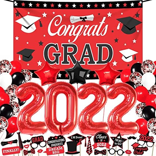 Огромни, Црвени И Црни Украси За Дипломирање 2022 - Пакет од 66, Црвени Балони 2022 Дипломирање| Честитки Град Банер | Дипломирање Фото Кабина