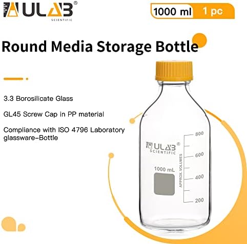 Шише за складирање на медиуми ULAB, том.1000ml 3,3 шише со боросиликатно стакло со капаче за завртки GL45, URB1039