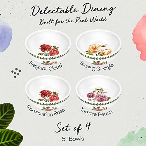 Портмеирион Ботанички рози 5-инчен чинија, избрани розови мотиви, сет од 4, машина за миење садови, микробранова и топла печка безбедни,