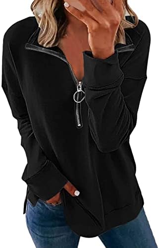 Women'sенски 1/4 патент џемпер пуловер лабава врвови случајни 2022 есен модни удобни џемпери со долги ракави кошула за блуза