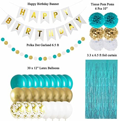 Ansomo Teal Blue и Gold Среќен роденденски украси за забави Банер тиркизна аква фолија раб завеса ткиво Пом Помс балони