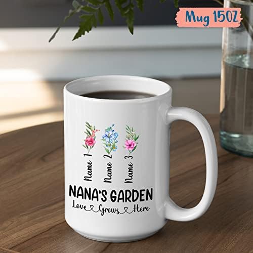 Обичајна кригла Нана со име на внуци - Градина кригла на Нана - Подарок за Нана - Персонализирана кригла Нана - Нана Подарок од внуци - Подарок за ден на раѓање на цвеќ?