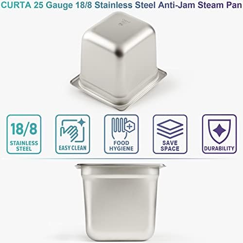 Curta 6 Pack Anti-JAM Slotted Hotel Pans со капаци, длабока 1/6 големина 6 инчи, комерцијална NSF комерцијална 18/8 не'рѓосувачки